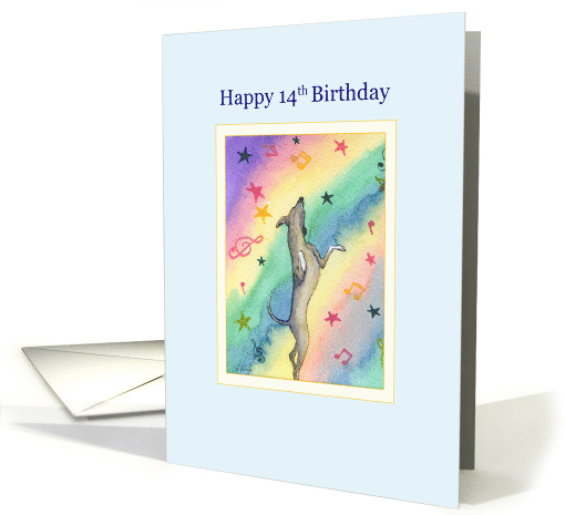 Happy 14th Birthday, Greyhound dog dancing to music card (1468800)