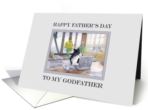 Happy Father's Day, Godfather - border collie dog on his laptop card