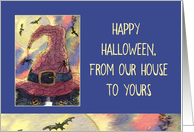 Happy Halloween, our house to yours, border collie in a wizard hat card