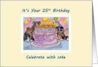 25th Birthday dog card, party dogs with birthday cake and candles card