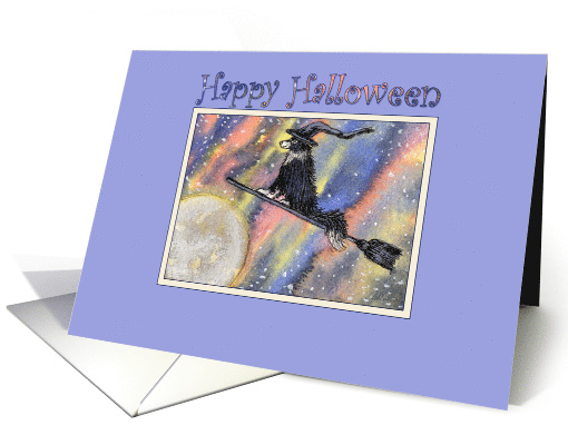 Happy Halloween, border collie dog on a witch's broom card (1471594)