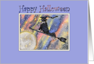 Happy Halloween, border collie dog on a witch’s broom card
