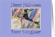 Happy Halloween dear Daughter, border collie dog on a witch’s broom card
