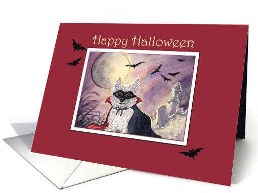 Happy Halloween, westie dog in a cape and mask with bats overhead card