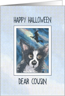 Happy Halloween Cousin, border collie dog and witch card
