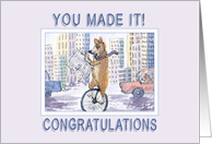 Congratulations,you made it, corgi dog on a unicycle card