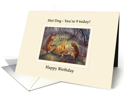 Happy 9th Birthday card, Corgis cooking on a camp fire card (1472722)