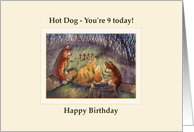 Happy 9th Birthday card, Corgis cooking on a camp fire card