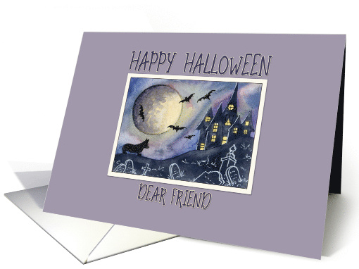 Happy Halloween Friend, spooked corgi dog near a haunted house card