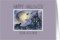 Happy Halloween Neighbor, spooked corgi dog near a haunted house card