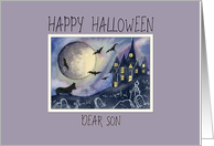 Happy Halloween Son, spooked corgi dog near a haunted house card