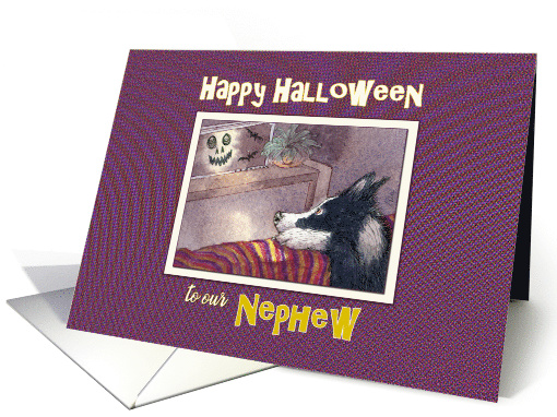 Happy Halloween Nephew, Border Collie dog hiding behind the sofa card