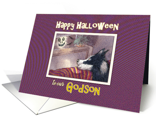 Happy Halloween Godson, Border Collie dog hiding behind the sofa card