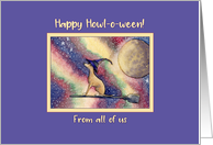 Happy Halloween from all of us, greyhound witch on broomstick card