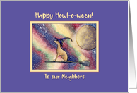 Happy Halloween neighbors, greyhound witch on broomstick card