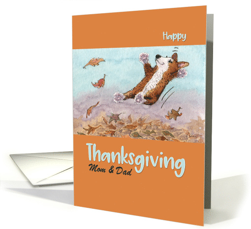 Happy Thanksgiving Mom & Dad, Corgi dog jumping in Autumn leaves card