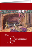 Merry Christmas, Corgi dog by the fireplace card