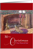 Merry Christmas, Mom & Dad - Corgi dog by the fireplace card