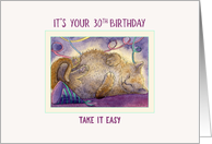 Happy 30th Birthday cat card, cat taking a break from the party card