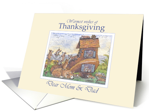 Thanksgiving wishes dear Mom & Dad, corgi dogs in a shoe house card