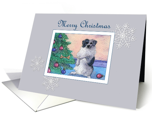 Merry Christmas, border collie dog decorating the Christmas tree card
