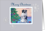 Merry Christmas, border collie dog decorating the Christmas tree card