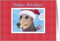 Happy Holidays, greyhound dog in Santa hat and scarf card