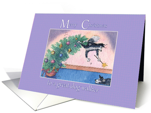 Merry Christmas dog walker, border collies & fur tree fun card