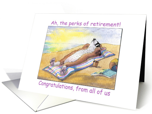 Retirement Congratulations from all of us, corgi dog sunbathing card