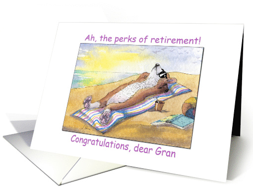 Retirement Congratulations Gran, corgi dog sunbathing card (1481802)