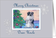 Merry Christmas Uncle, border collie dog decorating the Christmas tree card