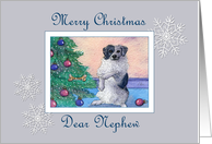 Merry Christmas Nephew, border collie dog decorating Christmas tree card