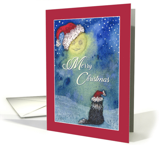 Merry Christmas, border collie dog under Christmas moon, card