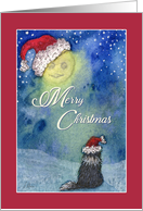 Merry Christmas, border collie dog under Christmas moon, card