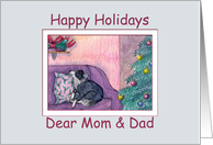 Happy Holidays Mom & Dad, border collie dog & his Christmas present card