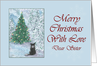 Merry Christmas with love sister, border collie & Christmas tree card