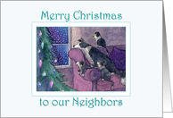 Merry Christmas Neighbors, border collie family waiting for Santa card