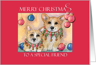 Merry Christmas special friend, Corgi dogs, bells & baubles card