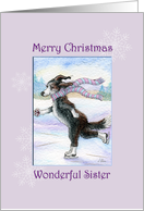 Merry Christmas sister, border collie dog ice skating card