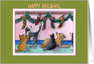Happy Holidays, cats and dogs with Christmas stockings card