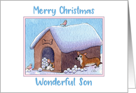 Merry Christmas Son, Corgi dogs playing snowballs card