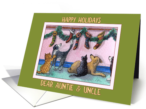 Happy Holidays Auntie & Uncle, cats and dogs Christmas stockings card