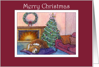 Merry Christmas, corgi dog by the fireside card
