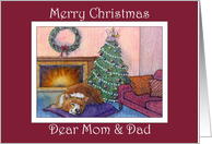 Merry Christmas Mom & Dad, corgi dog by the fireside card