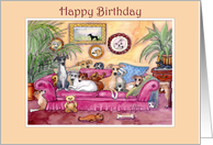 Happy Birthday, greyhound dogs on the sofa card