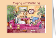 Happy 20th Birthday, greyhound dogs on the sofa card