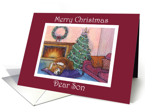 Merry Christmas Son, corgi dog by the fireside card (1495490)
