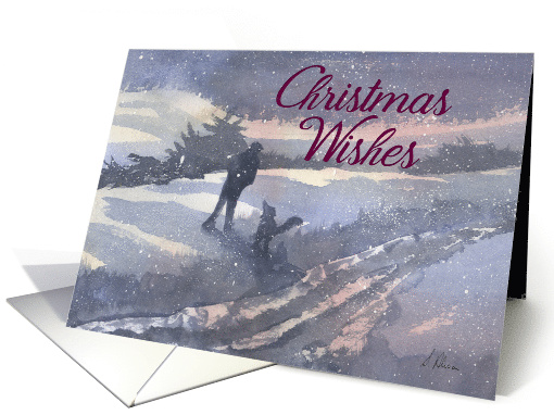 Christmas Wishes blank card, man & his dog winter scene card (1496986)