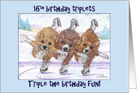 Happy 16th birthday triplets, corgi dogs ice skating triplets card