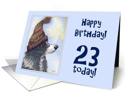 Happy Birthday, 23 today, border collie dog in bobble hat card